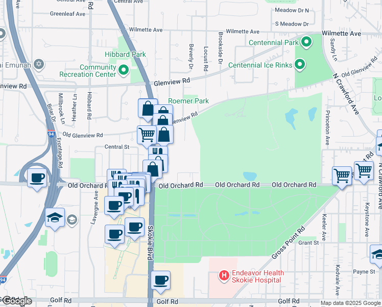 map of restaurants, bars, coffee shops, grocery stores, and more near 10104 Old Orchard Court in Skokie