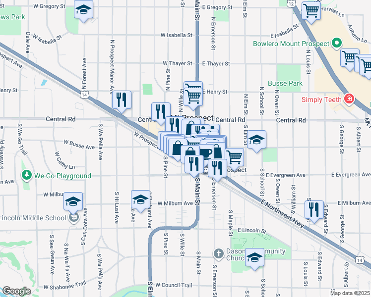 map of restaurants, bars, coffee shops, grocery stores, and more near 20 West Northwest Highway in Mount Prospect
