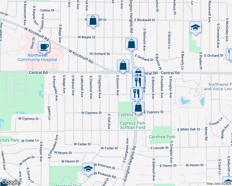 map of restaurants, bars, coffee shops, grocery stores, and more near 1058 South Dunton Avenue in Arlington Heights