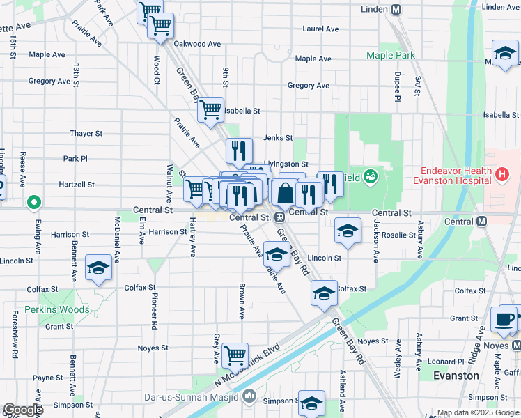 map of restaurants, bars, coffee shops, grocery stores, and more near 1903 Central Street in Evanston