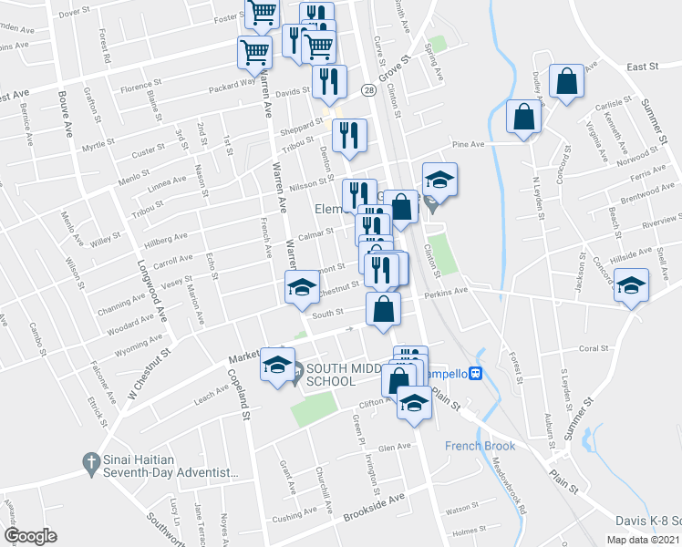 map of restaurants, bars, coffee shops, grocery stores, and more near 32 Tremont Street in Brockton
