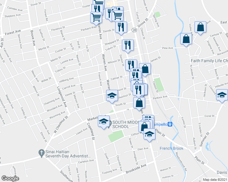 map of restaurants, bars, coffee shops, grocery stores, and more near 65 Tremont Street in Brockton