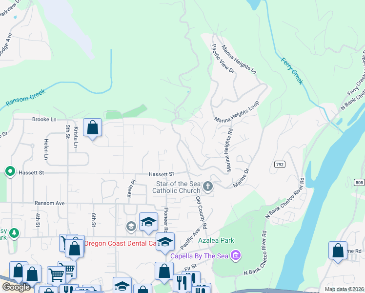 map of restaurants, bars, coffee shops, grocery stores, and more near 838 Marina Heights Road in Brookings