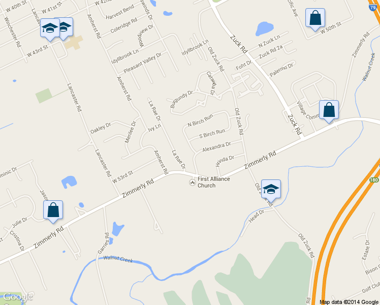 map of restaurants, bars, coffee shops, grocery stores, and more near 2870 Alexandra Dr in Erie