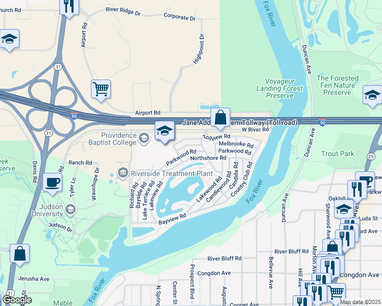 map of restaurants, bars, coffee shops, grocery stores, and more near 193 Parkwood Road in Elgin