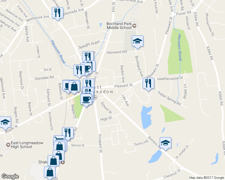 map of restaurants, bars, coffee shops, grocery stores, and more near 31 Pleasant Street in East Longmeadow