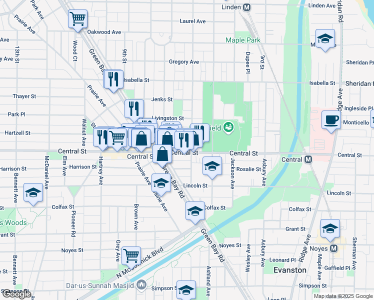 map of restaurants, bars, coffee shops, grocery stores, and more near 1707 Central Street in Evanston