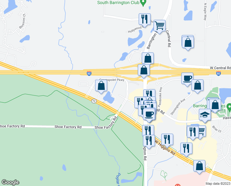 map of restaurants, bars, coffee shops, grocery stores, and more near 2800 West Higgins Road in Hoffman Estates