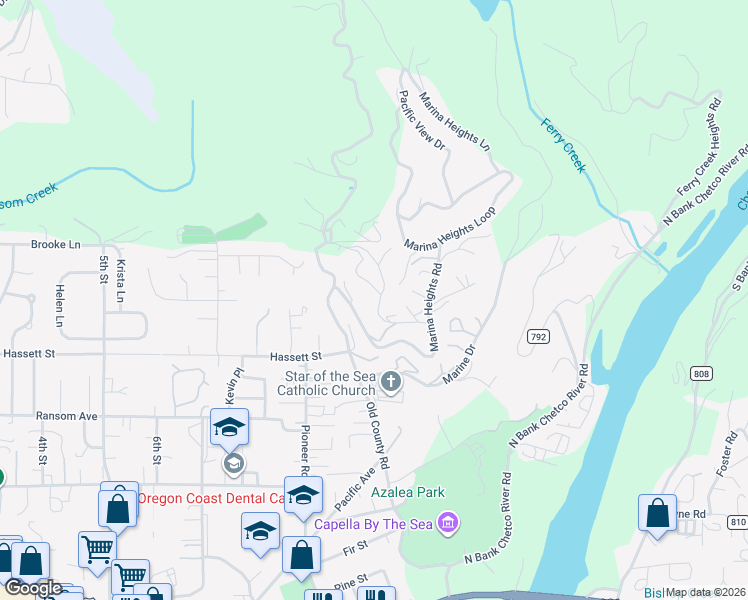 map of restaurants, bars, coffee shops, grocery stores, and more near 6878 Pacific Terrace Loop in Brookings