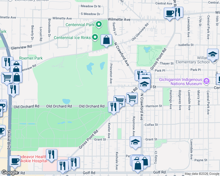 map of restaurants, bars, coffee shops, grocery stores, and more near 2553 Greeley Avenue in Evanston