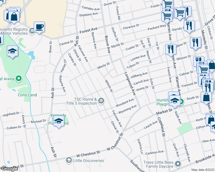 map of restaurants, bars, coffee shops, grocery stores, and more near 214 Hillberg Avenue in Brockton
