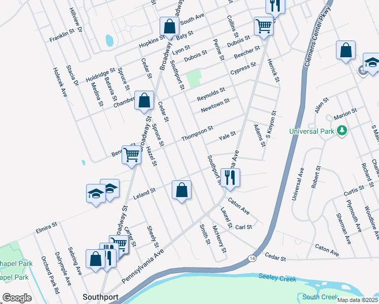 map of restaurants, bars, coffee shops, grocery stores, and more near 808 Laurel St in Elmira
