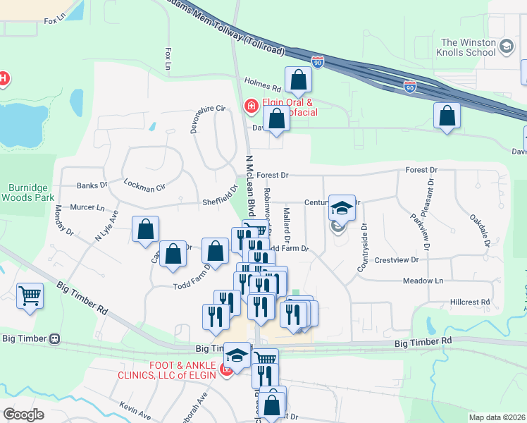 map of restaurants, bars, coffee shops, grocery stores, and more near 1275 North McLean Boulevard in Elgin