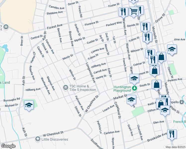 map of restaurants, bars, coffee shops, grocery stores, and more near 96 Longwood Avenue in Brockton
