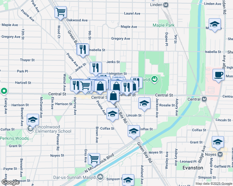 map of restaurants, bars, coffee shops, grocery stores, and more near in Evanston