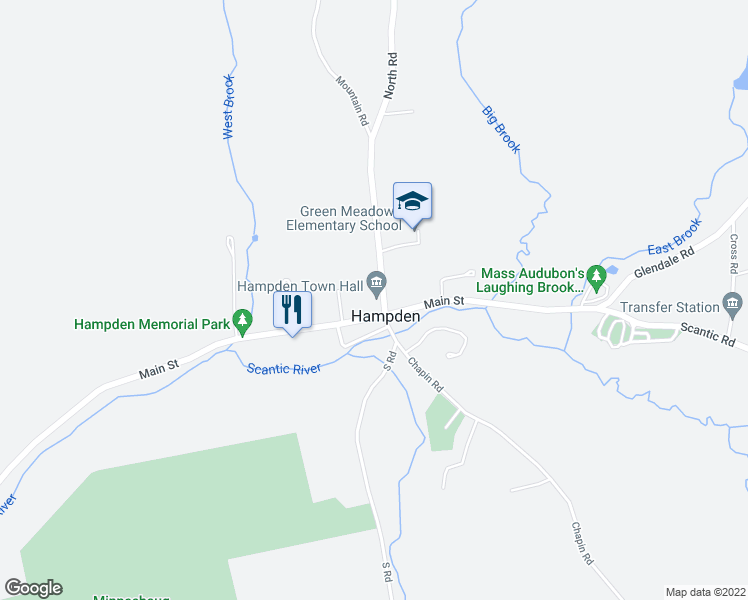 map of restaurants, bars, coffee shops, grocery stores, and more near 625 Main Street in Hampden