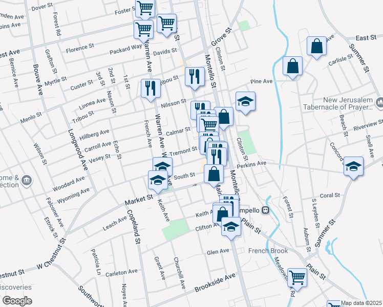 map of restaurants, bars, coffee shops, grocery stores, and more near 34 Tremont Street in Brockton
