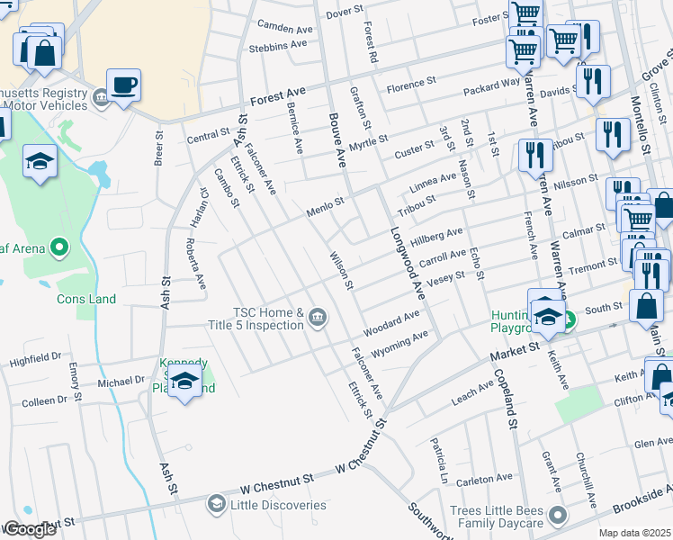 map of restaurants, bars, coffee shops, grocery stores, and more near 214 Hillberg Avenue in Brockton