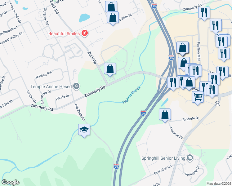 map of restaurants, bars, coffee shops, grocery stores, and more near 2451 Zimmerly Road in Erie