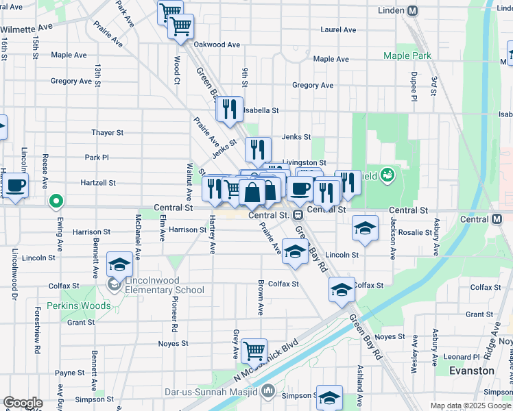 map of restaurants, bars, coffee shops, grocery stores, and more near 1937 Central Street in Evanston
