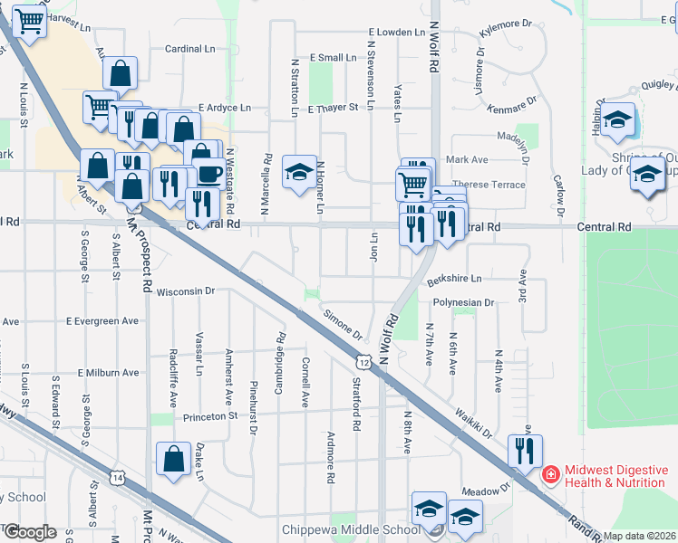 map of restaurants, bars, coffee shops, grocery stores, and more near 420 Berkshire Lane in Des Plaines
