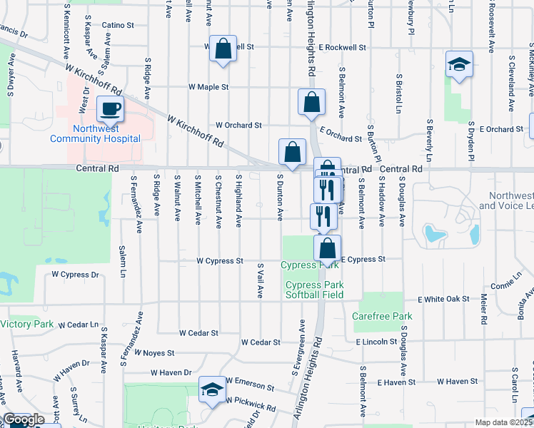 map of restaurants, bars, coffee shops, grocery stores, and more near 1058 South Dunton Avenue in Arlington Heights