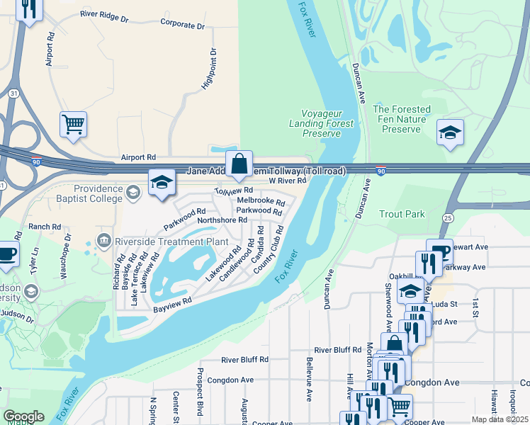 map of restaurants, bars, coffee shops, grocery stores, and more near 91 Melbrooke Road in Elgin