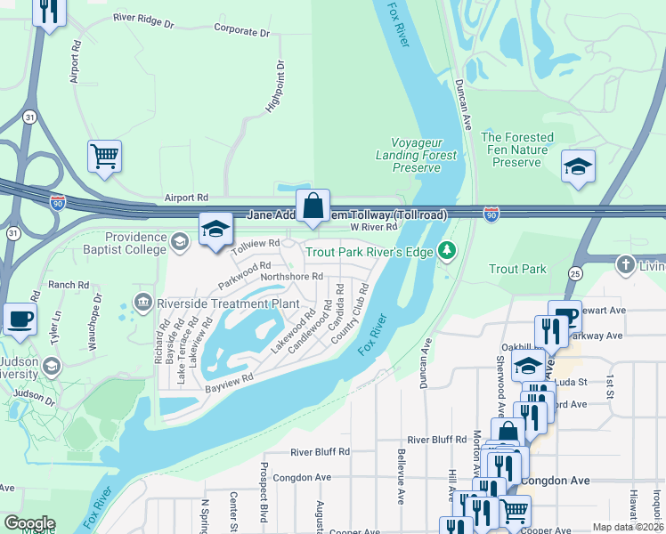 map of restaurants, bars, coffee shops, grocery stores, and more near 120 Parkwood Road in Elgin
