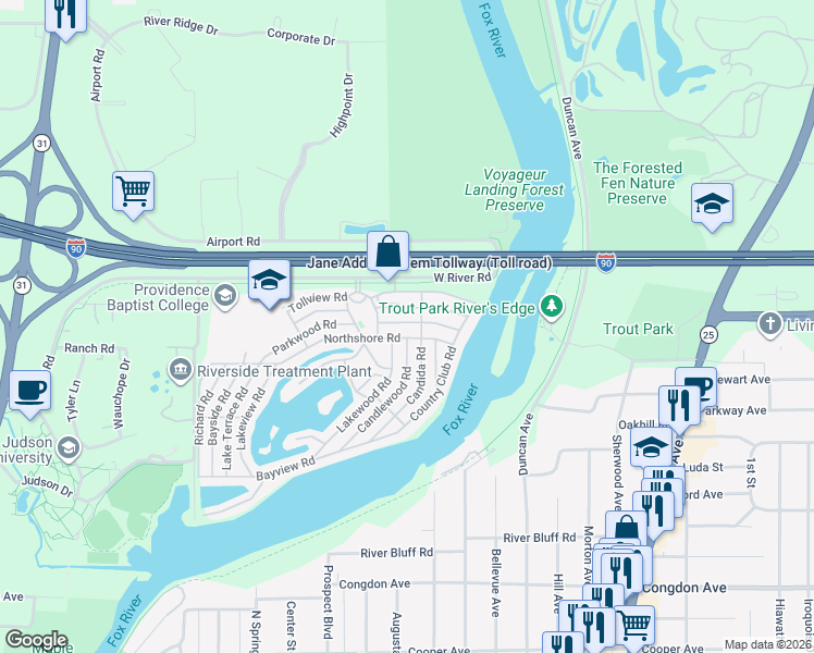 map of restaurants, bars, coffee shops, grocery stores, and more near 120 Parkwood Road in Elgin