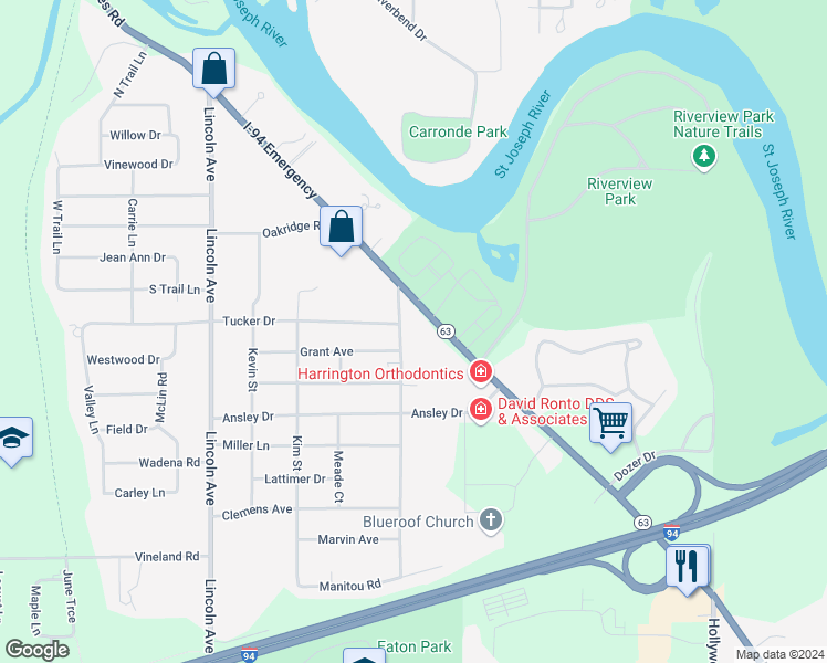 map of restaurants, bars, coffee shops, grocery stores, and more near 2939 Royalton Heights Road in St. Joseph