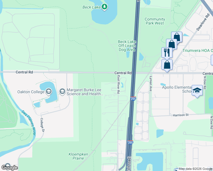 map of restaurants, bars, coffee shops, grocery stores, and more near 584 Des Plaines River Trail in Des Plaines