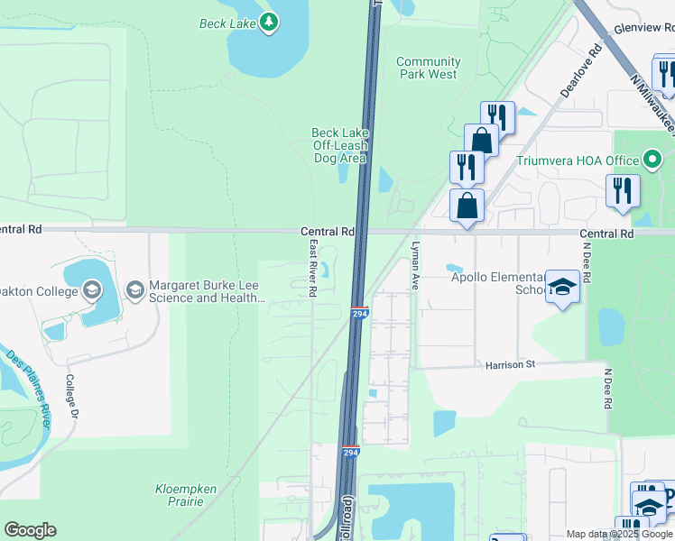 map of restaurants, bars, coffee shops, grocery stores, and more near 407 South Country Lane in Des Plaines