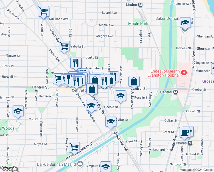 map of restaurants, bars, coffee shops, grocery stores, and more near 2602 Eastwood Avenue in Evanston