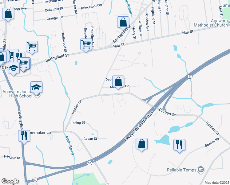 map of restaurants, bars, coffee shops, grocery stores, and more near 59 Garden Street in Agawam