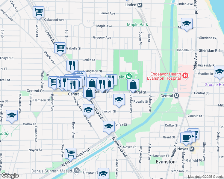 map of restaurants, bars, coffee shops, grocery stores, and more near 1613 Central Street in Evanston