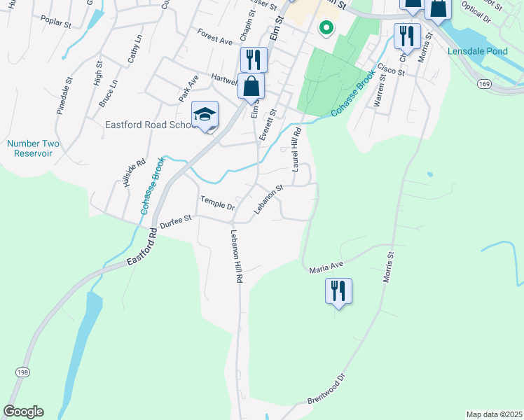 map of restaurants, bars, coffee shops, grocery stores, and more near 54 Lebanon Street in Southbridge