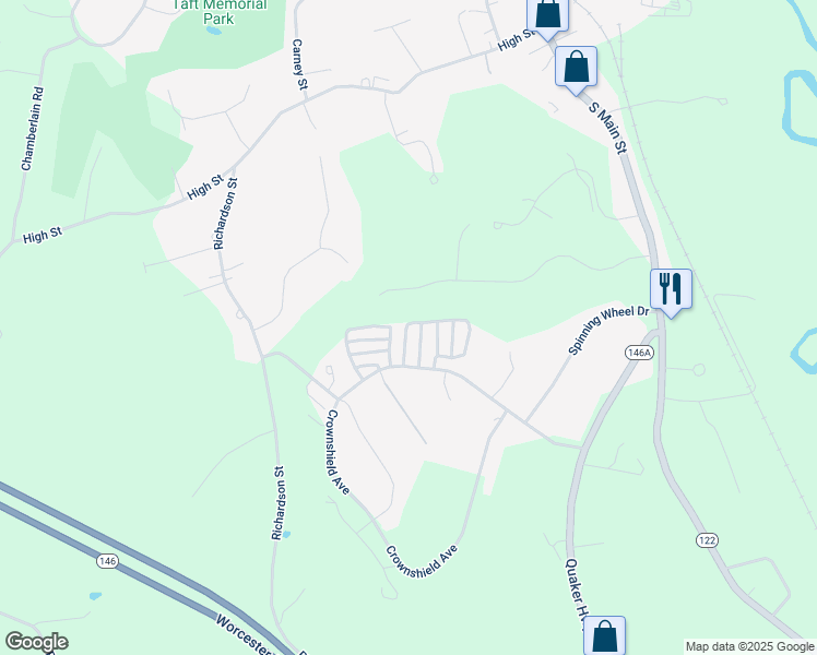 map of restaurants, bars, coffee shops, grocery stores, and more near 15 Highness Drive in Uxbridge