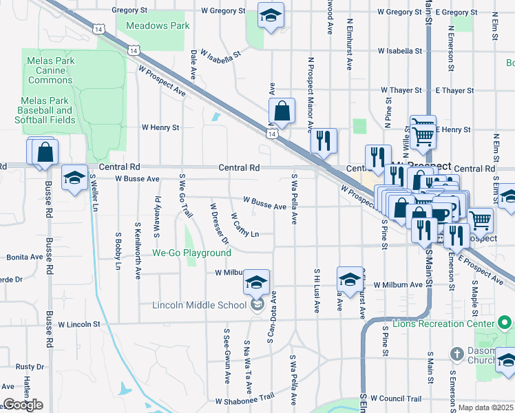 map of restaurants, bars, coffee shops, grocery stores, and more near 707 West Busse Avenue in Mount Prospect
