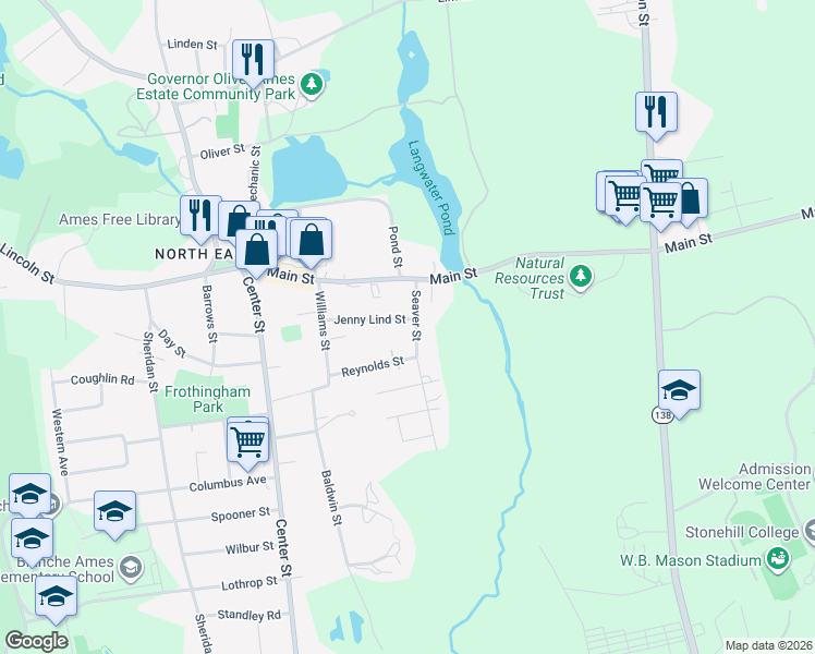 map of restaurants, bars, coffee shops, grocery stores, and more near 35 Jenny Lind Street in Easton