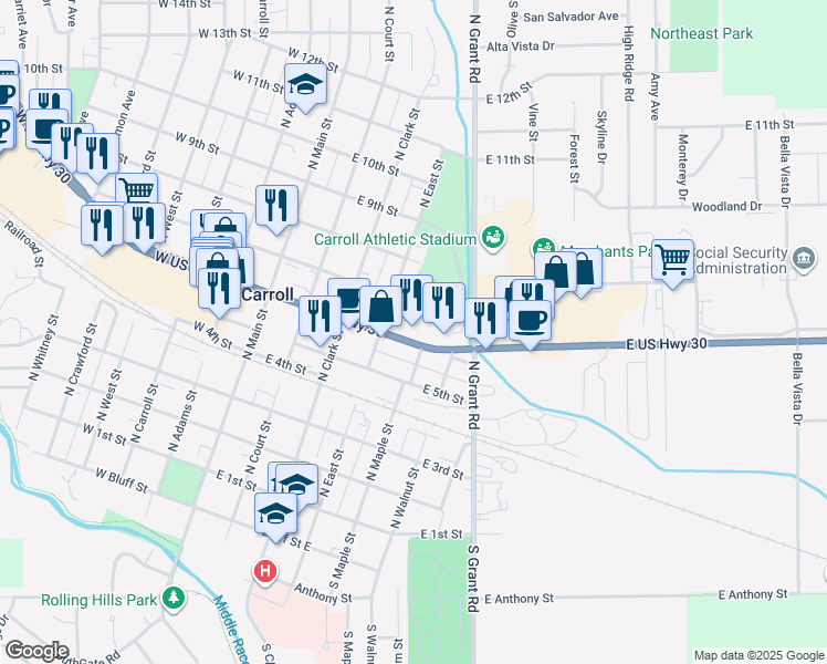 map of restaurants, bars, coffee shops, grocery stores, and more near 427 East 6th Street in Carroll