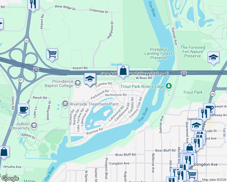 map of restaurants, bars, coffee shops, grocery stores, and more near 165 Parkwood Road in Elgin
