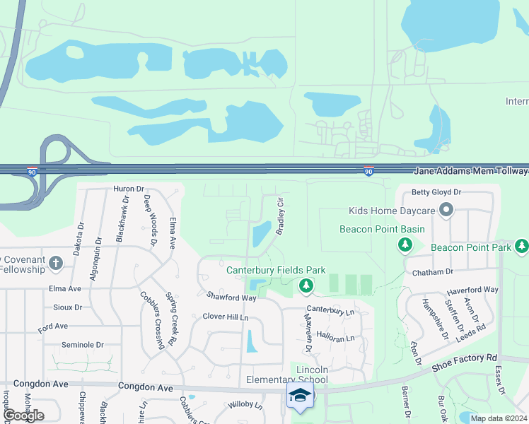 map of restaurants, bars, coffee shops, grocery stores, and more near 1366 Bradley Circle in Elgin