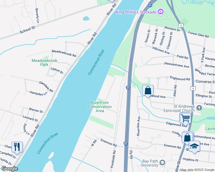 map of restaurants, bars, coffee shops, grocery stores, and more near 294 Anthony Road in Longmeadow