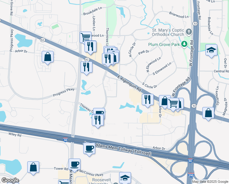 map of restaurants, bars, coffee shops, grocery stores, and more near 1926 Prairie Square in Schaumburg