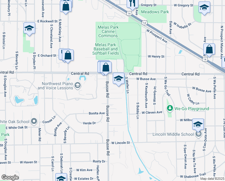 map of restaurants, bars, coffee shops, grocery stores, and more near 41 Busse Road in Mount Prospect