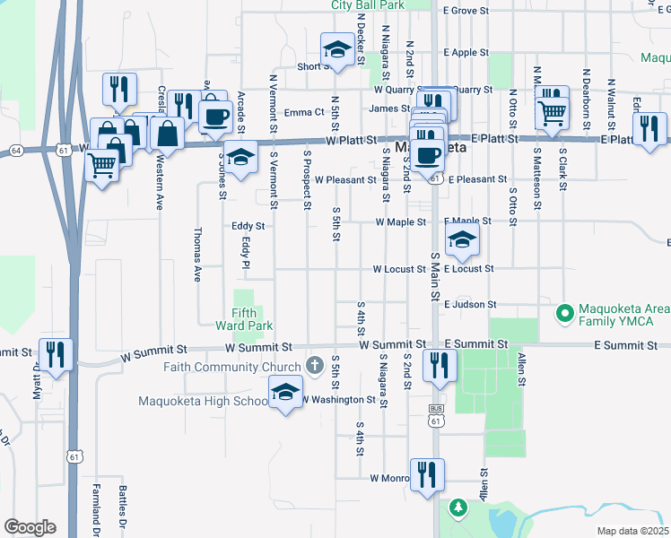 map of restaurants, bars, coffee shops, grocery stores, and more near 501 West Locust Street in Maquoketa