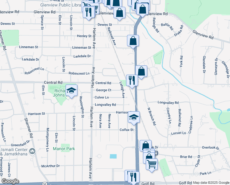 map of restaurants, bars, coffee shops, grocery stores, and more near 1765 George Ct in Glenview