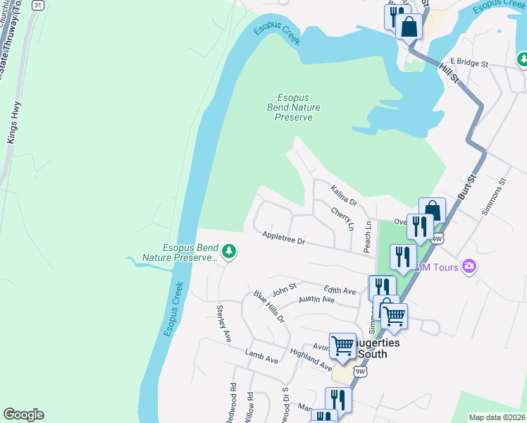 map of restaurants, bars, coffee shops, grocery stores, and more near 62 Appletree Drive in Saugerties