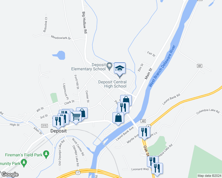 map of restaurants, bars, coffee shops, grocery stores, and more near 155 2nd Street in Deposit