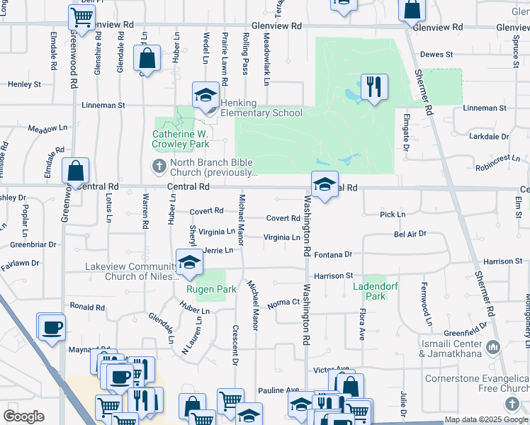 map of restaurants, bars, coffee shops, grocery stores, and more near 2816 Covert Road in Glenview